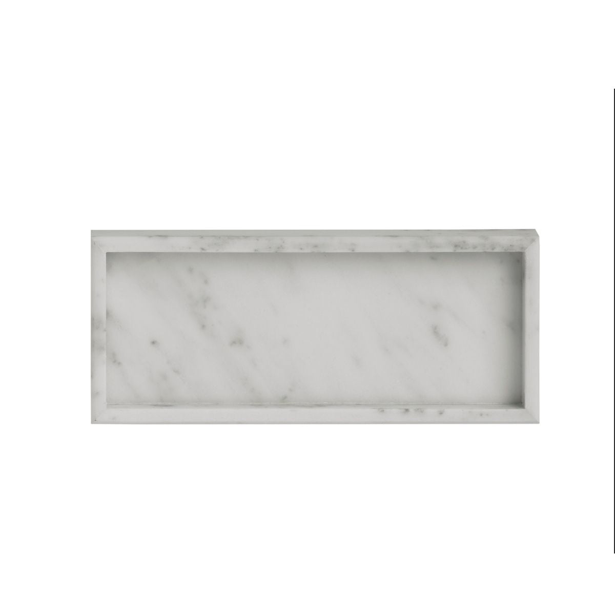 Bandeja rectangular de mármol blanco con vetas grises, vista desde arriba.