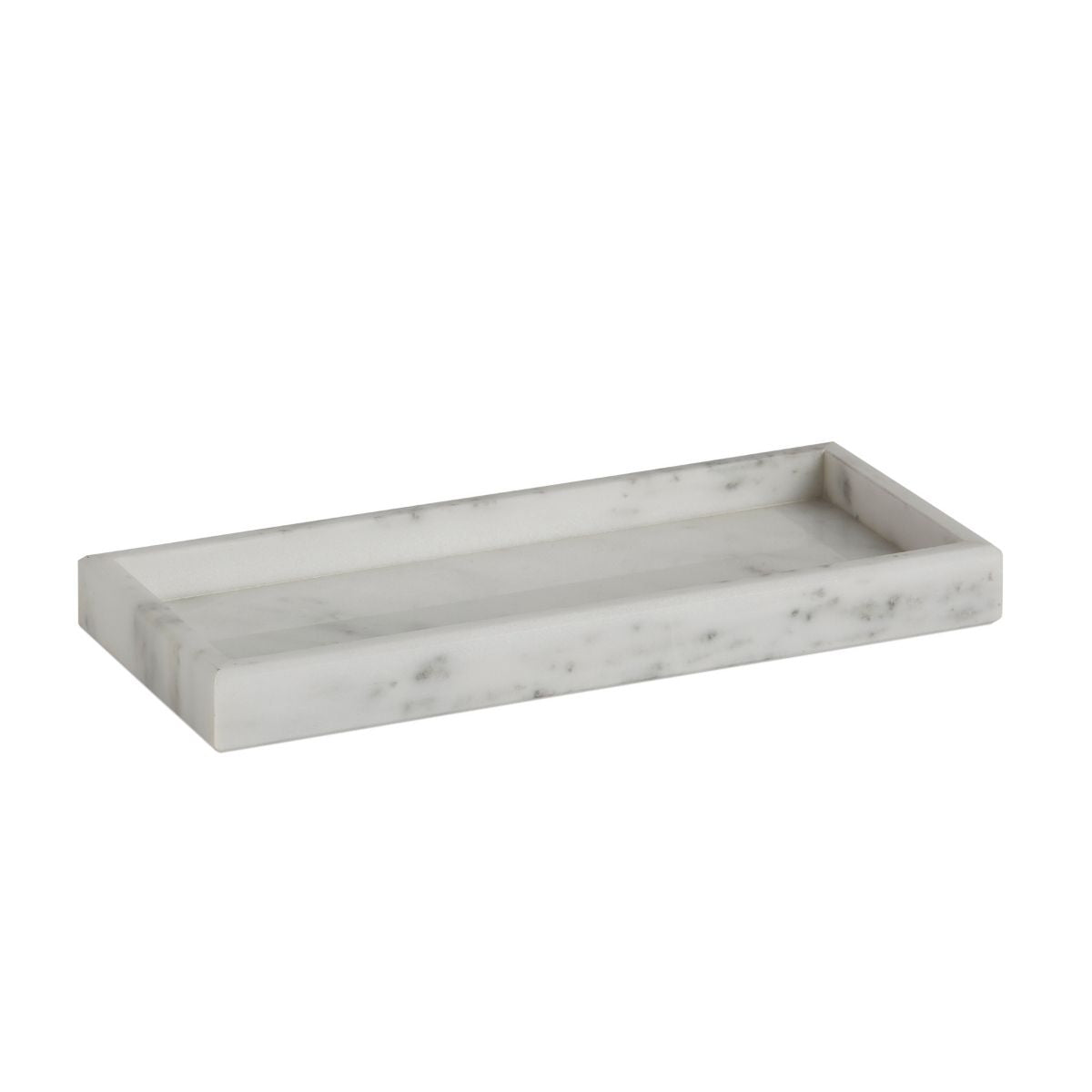 Bandeja rectangular de mármol blanco con vetas grises, vista en perspectiva.