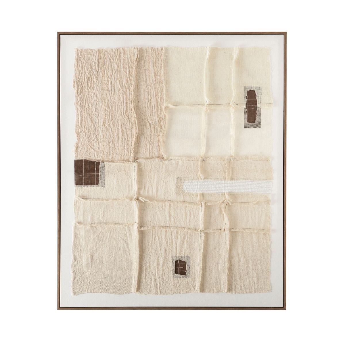 Cuadro decorativo textil en tonos beige y crudo con detalles marrones y marco de madera