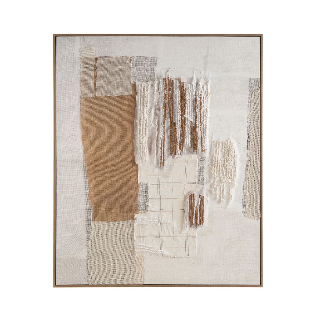 Cuadro decorativo textil en tonos beige, blanco y marrón con tejidos superpuestos y marco de madera