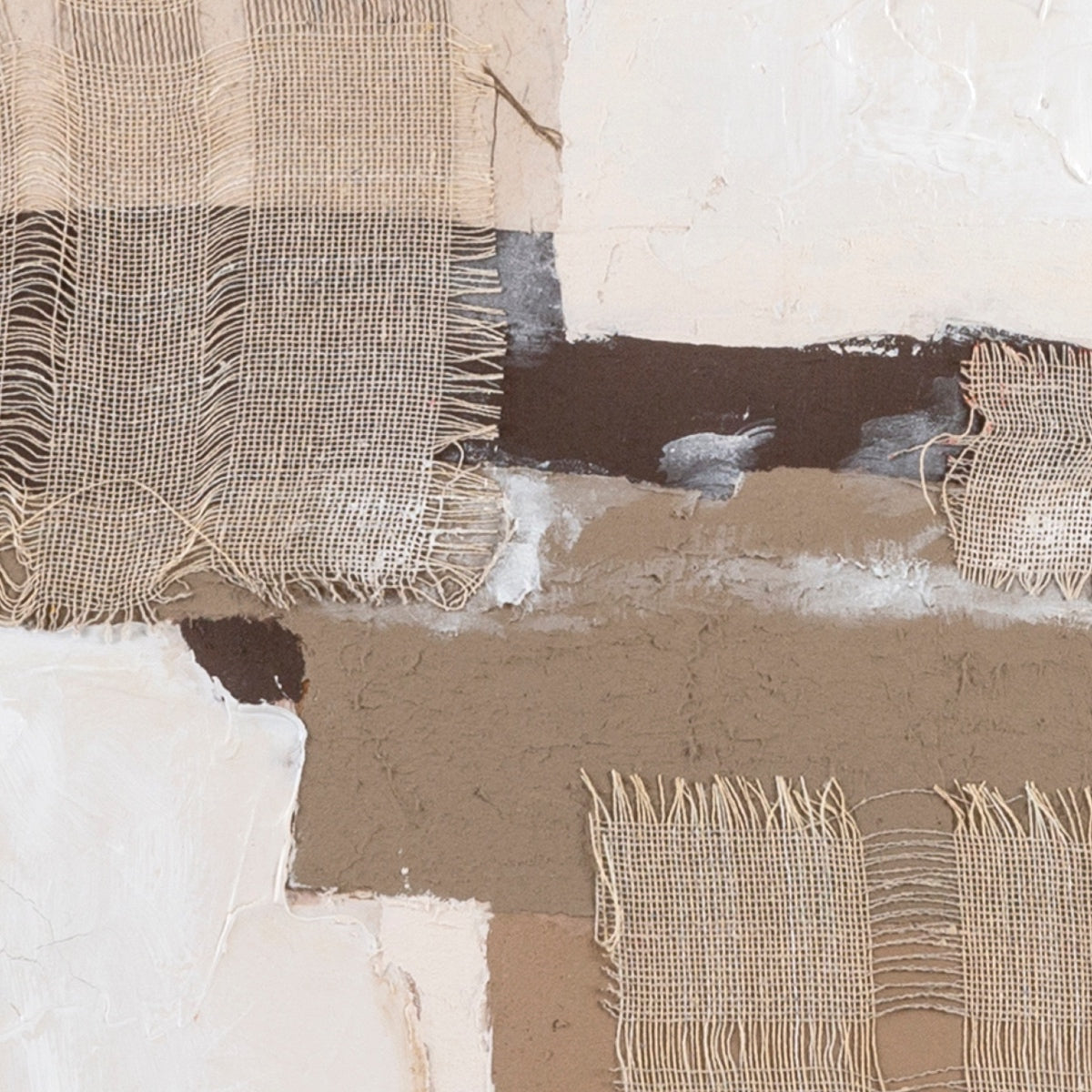 Detalle de cuadro abstracto Barbados con materiales textiles y relieve