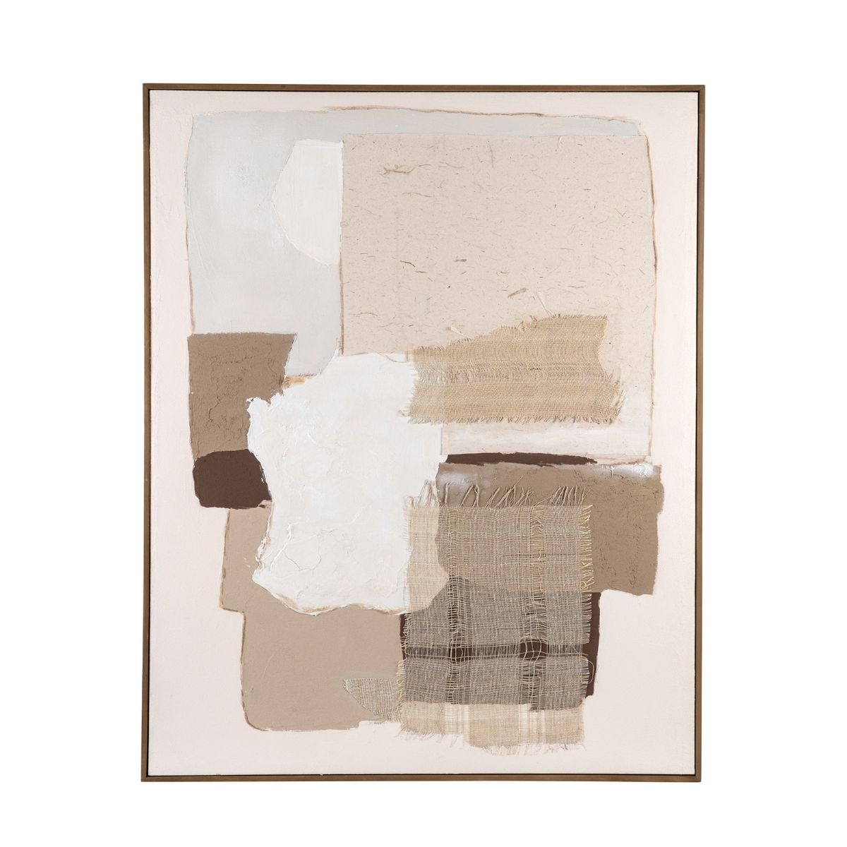 Cuadro abstracto texturizado en tonos beige, blanco y marrón con aplicaciones textiles y marco de madera
