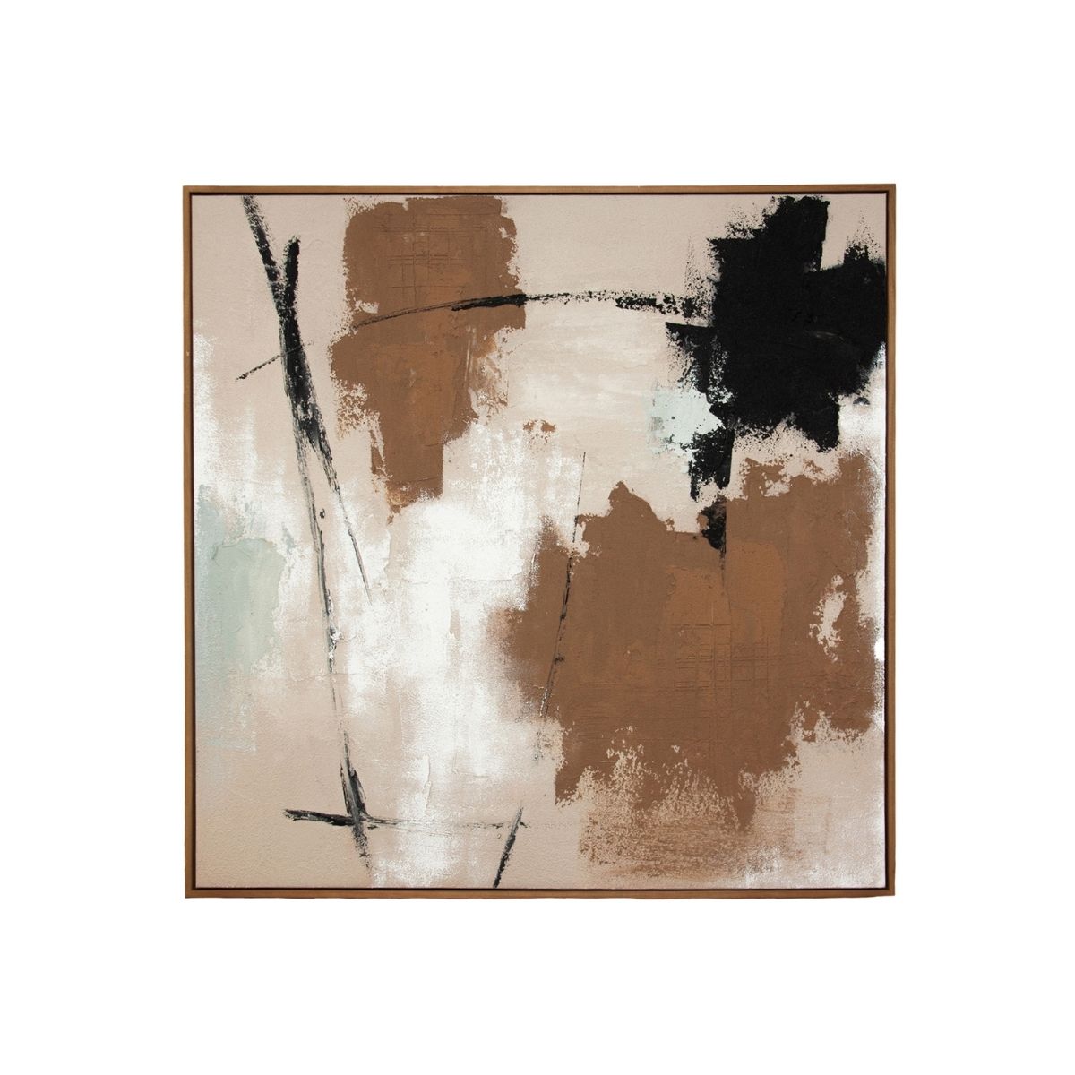 Cuadro abstracto en tonos beige, marrón, blanco y negro con marco de madera