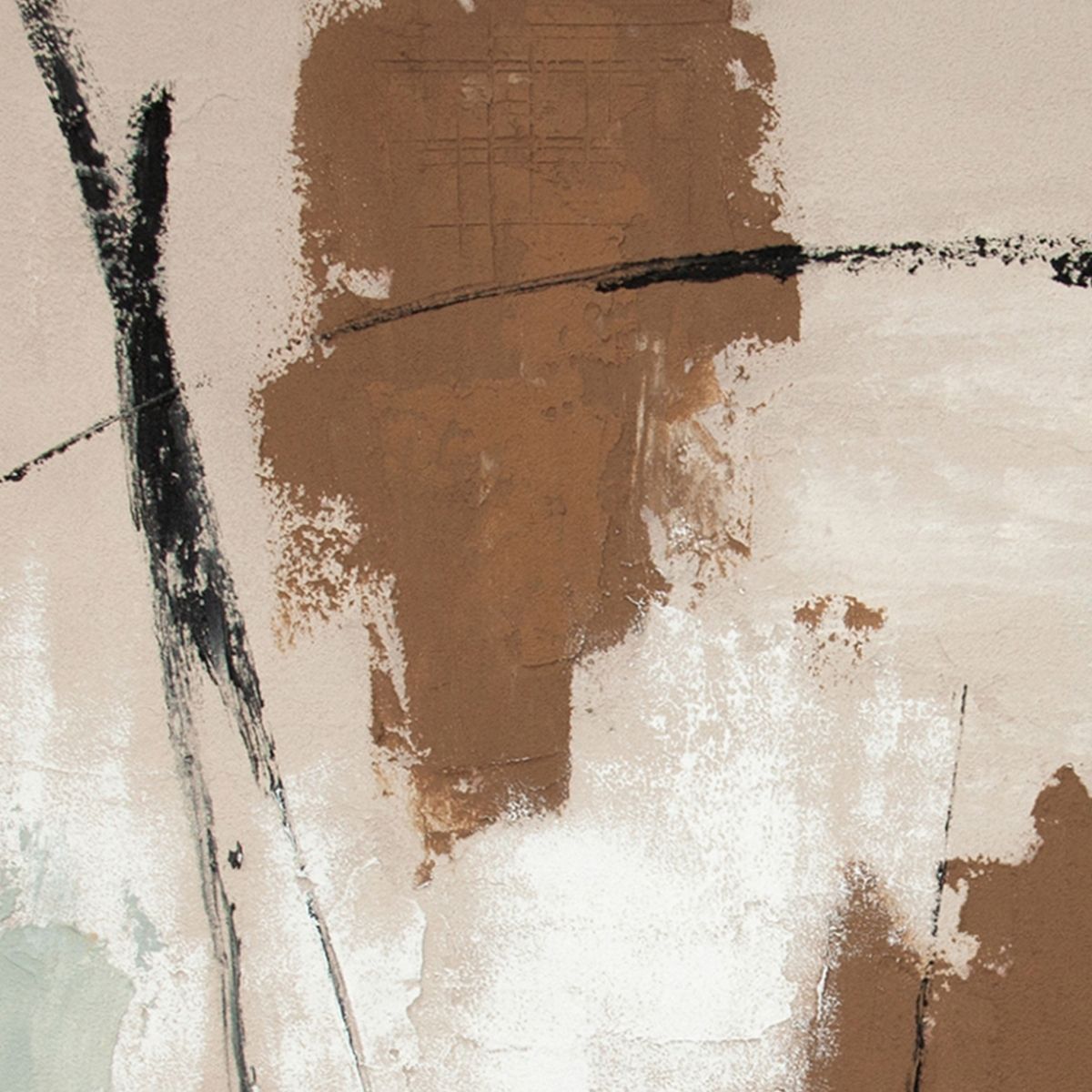 Detalle de pintura abstracta texturizada en tonos beige, marrón, blanco y negro