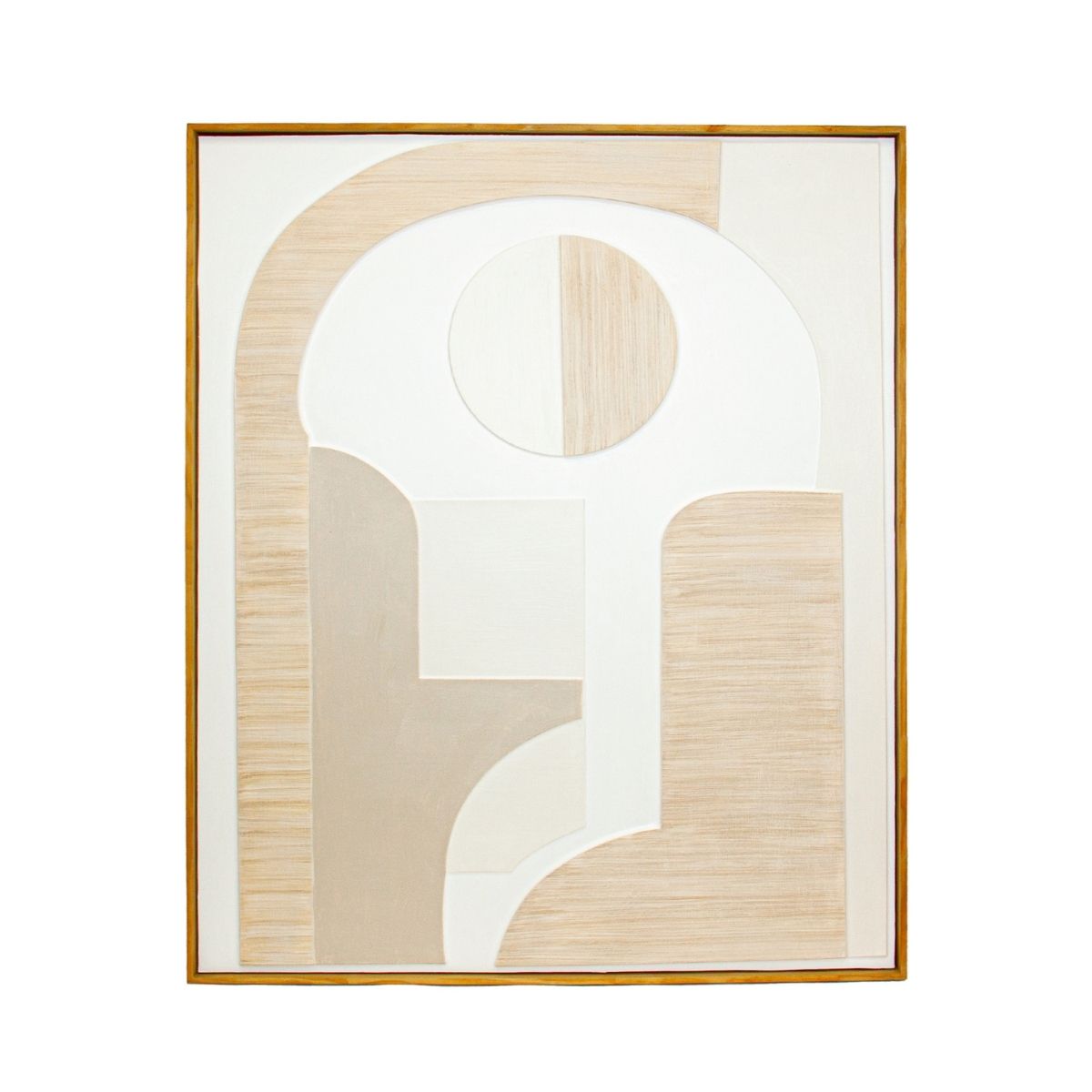 Cuadro abstracto geométrico en tonos beige y blanco con marco de madera