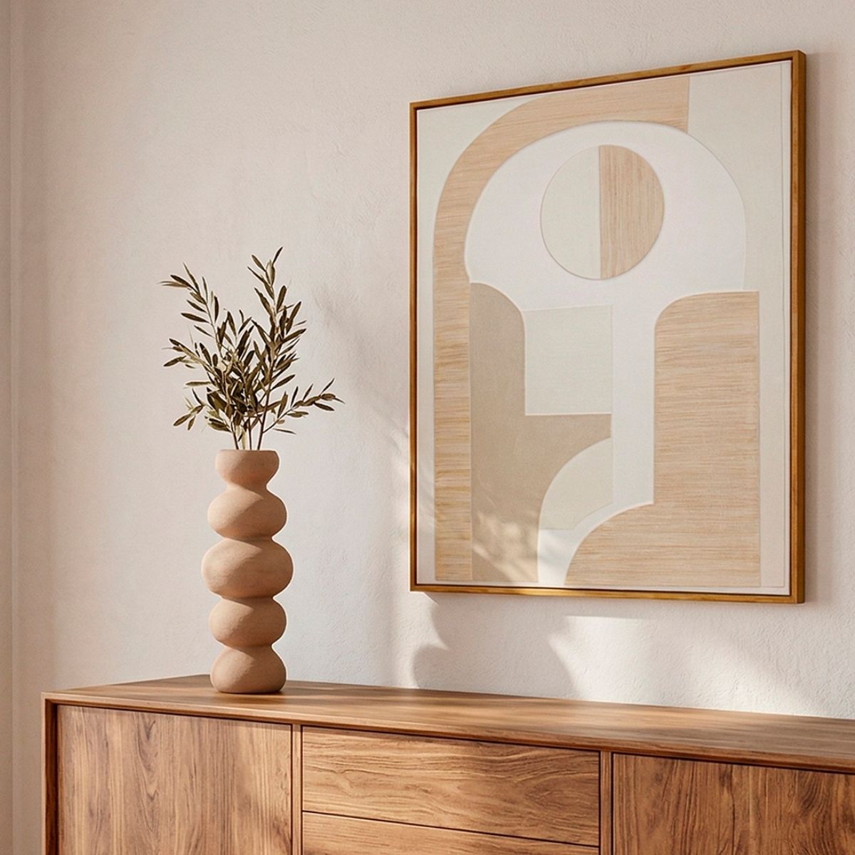 Cuadro abstracto geométrico en tonos beige y blanco sobre aparador de madera