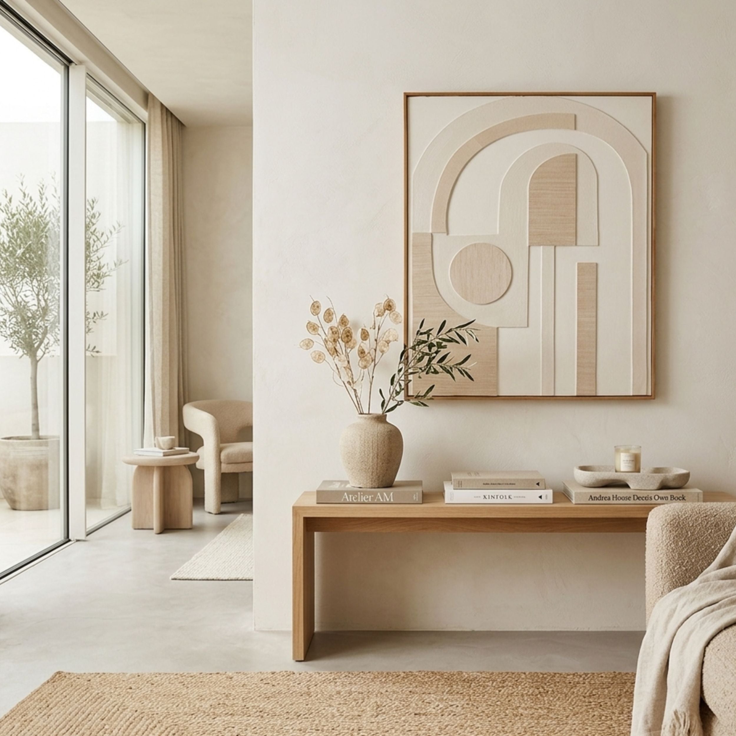 Cuadro abstracto grande de pared de color beige y blanco