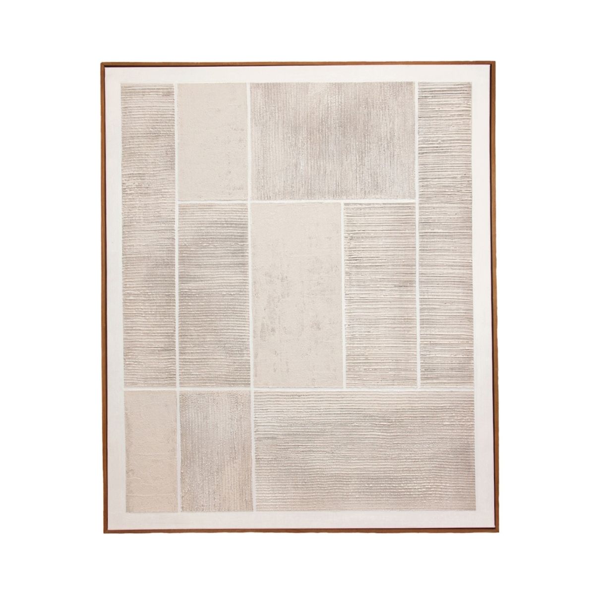Cuadro abstracto geométrico texturizado en tonos beige y blanco con marco de madera
