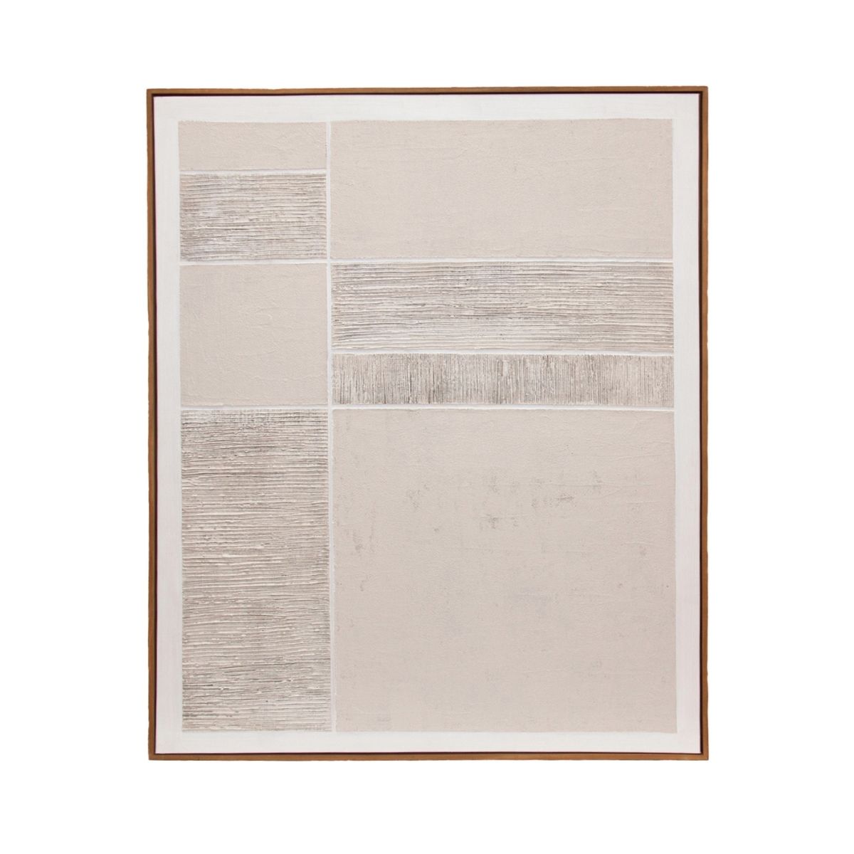 Cuadro abstracto geométrico texturizado en tonos beige y blanco con marco de madera
