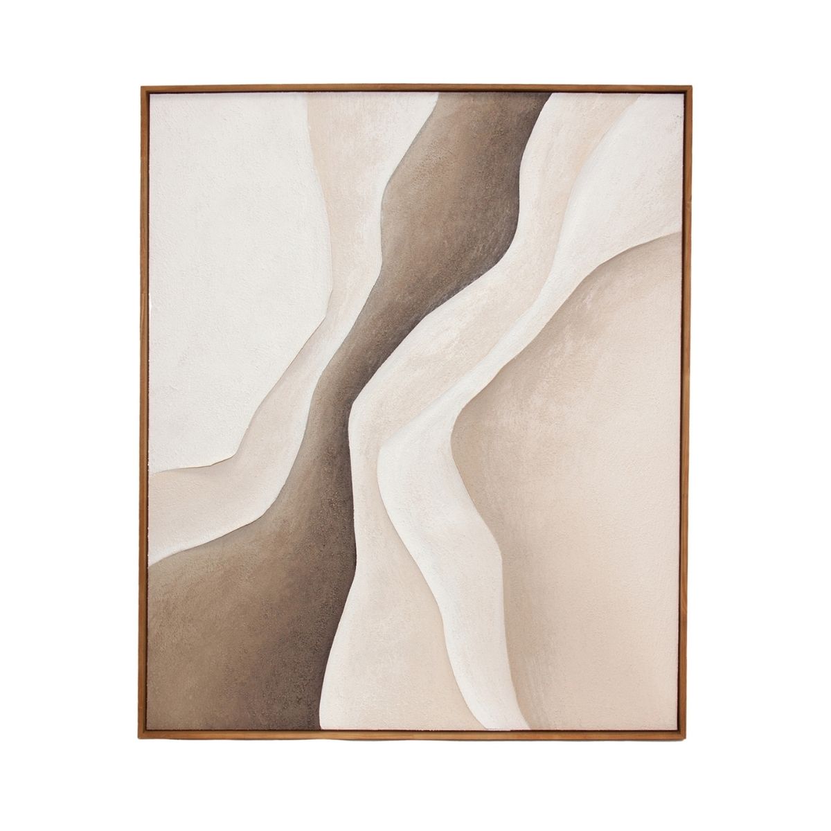 Cuadro abstracto texturizado con formas orgánicas en tonos beige, blanco y marrón con marco de madera