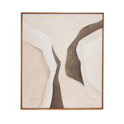 Cuadro abstracto texturizado con formas orgánicas en tonos beige, blanco y marrón con marco de madera
