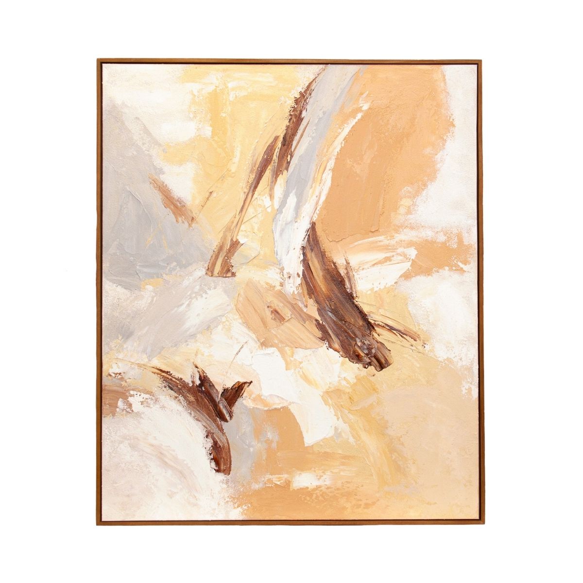Cuadro abstracto texturizado con pinceladas en tonos beige, blanco, ocre y marrón con marco de madera