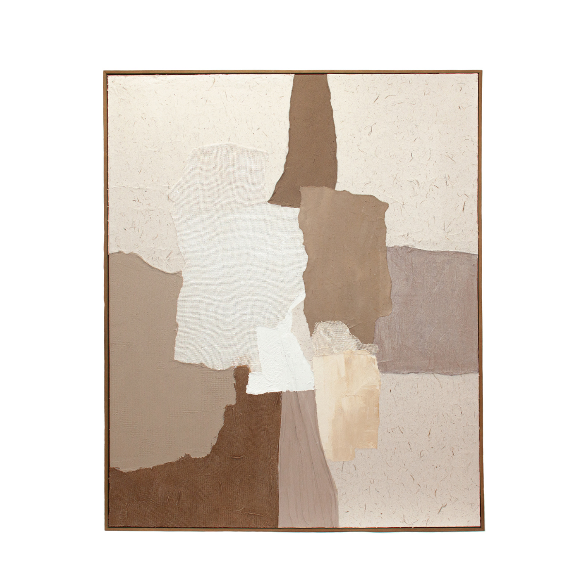 Cuadro abstracto Orlando con marco de madera natural y tonos beige y marrón