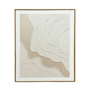 Cuadro abstracto texturizado en tonos blanco y beige con formas orgánicas y marco de madera