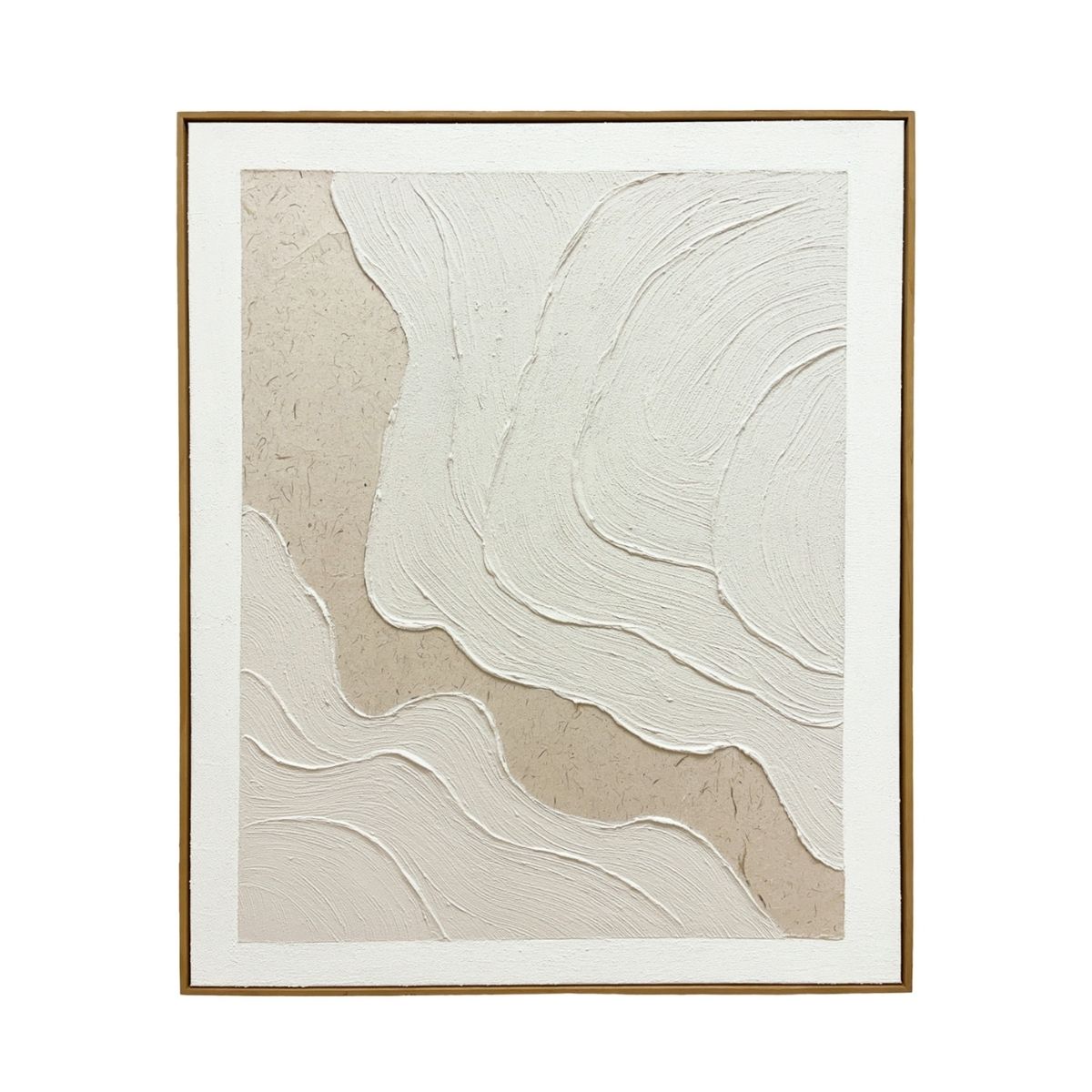 Cuadro abstracto texturizado en tonos blanco y beige con formas orgánicas y marco de madera