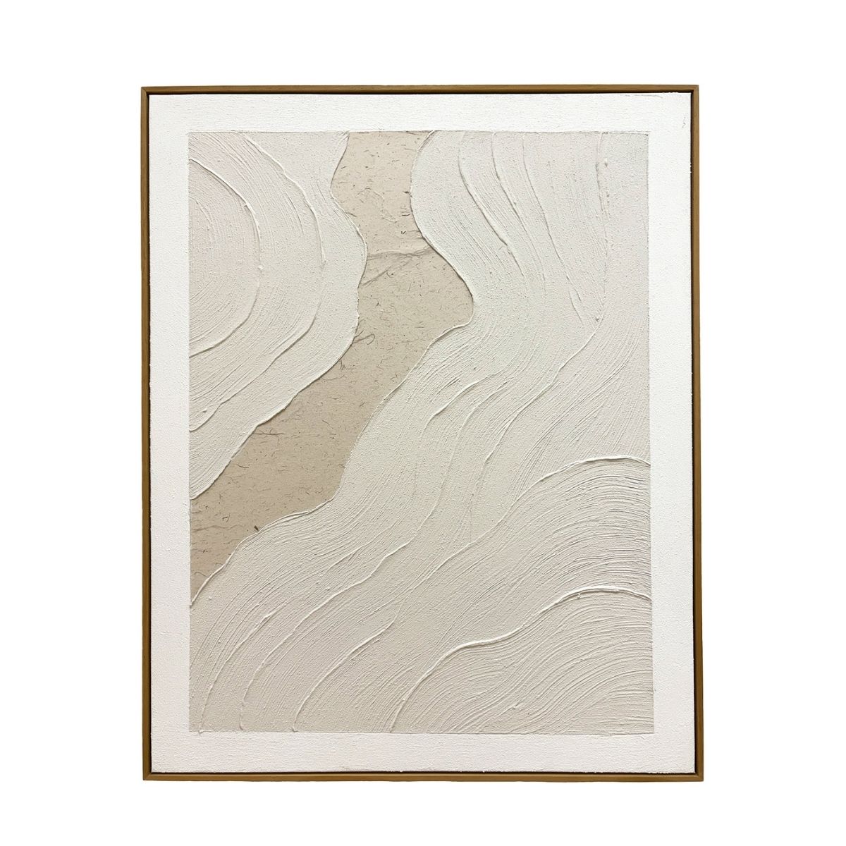 Cuadro abstracto texturizado en tonos blanco y beige con formas orgánicas y marco de madera