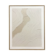 Cuadro abstracto texturizado en tonos blanco y beige con formas orgánicas y marco de madera