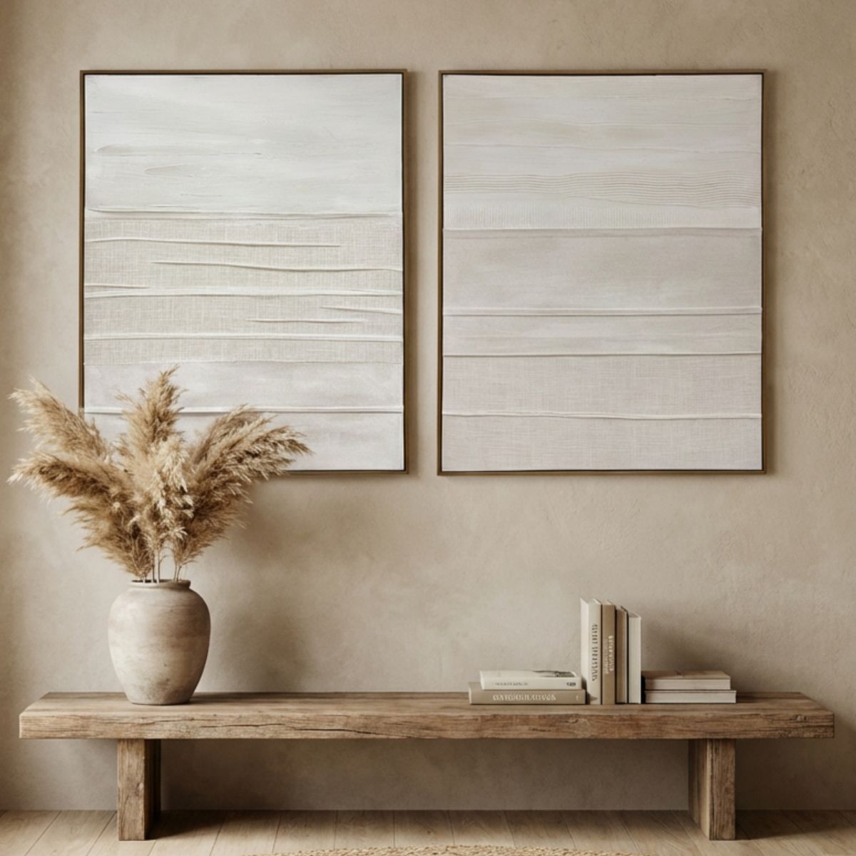 Cuadro abstracto en tonos beige y blanco con relieve y marco de madera