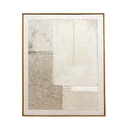 Cuadro abstracto texturizado en tonos beige y gris con composición geométrica y marco de madera