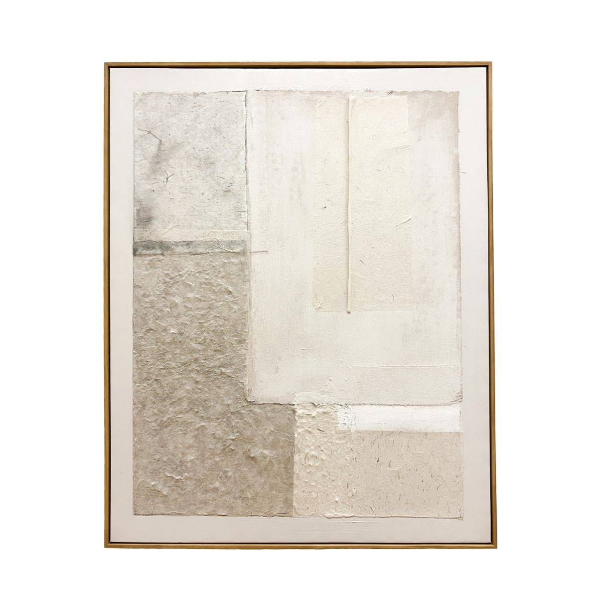 Cuadro abstracto texturizado en tonos beige y gris con composición geométrica y marco de madera
