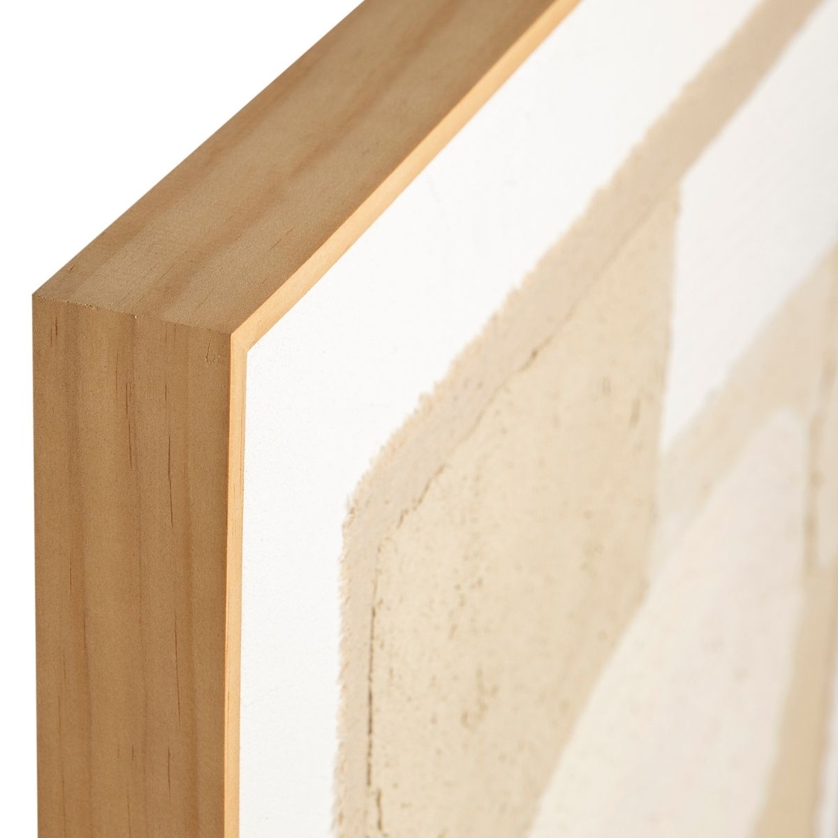 Detalle lateral de cuadro abstracto con marco de madera natural