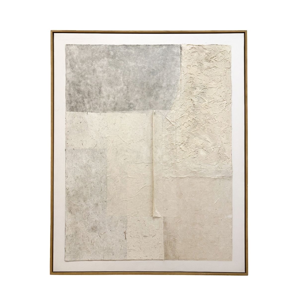 Cuadro abstracto texturizado en tonos blanco, beige y crudo con marco de madera
