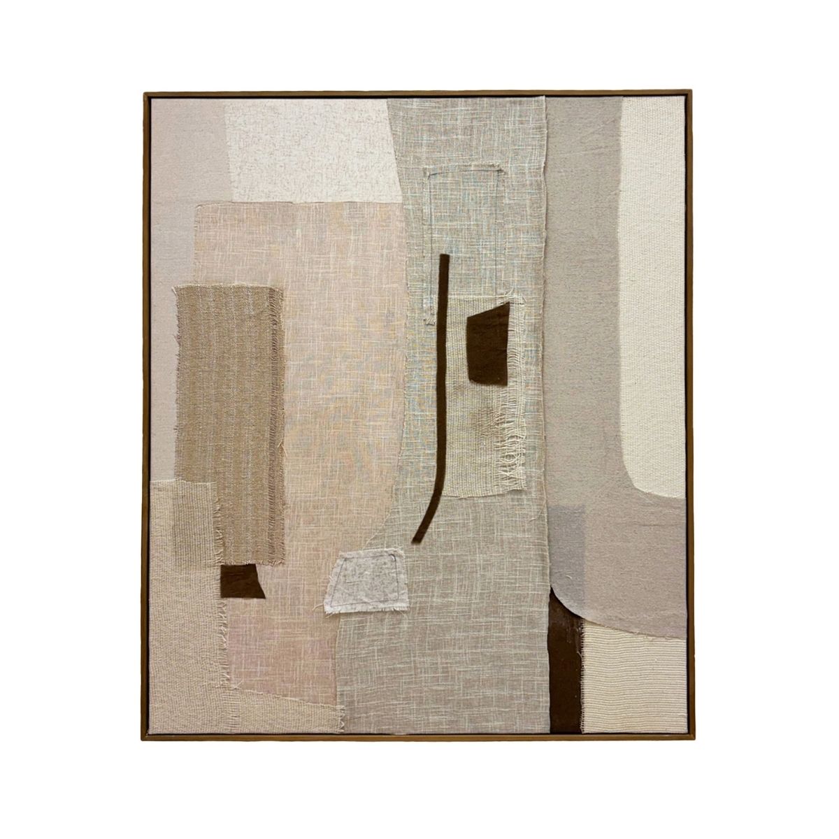 Cuadro abstracto textil en tonos beige, gris y marrón con marco fino