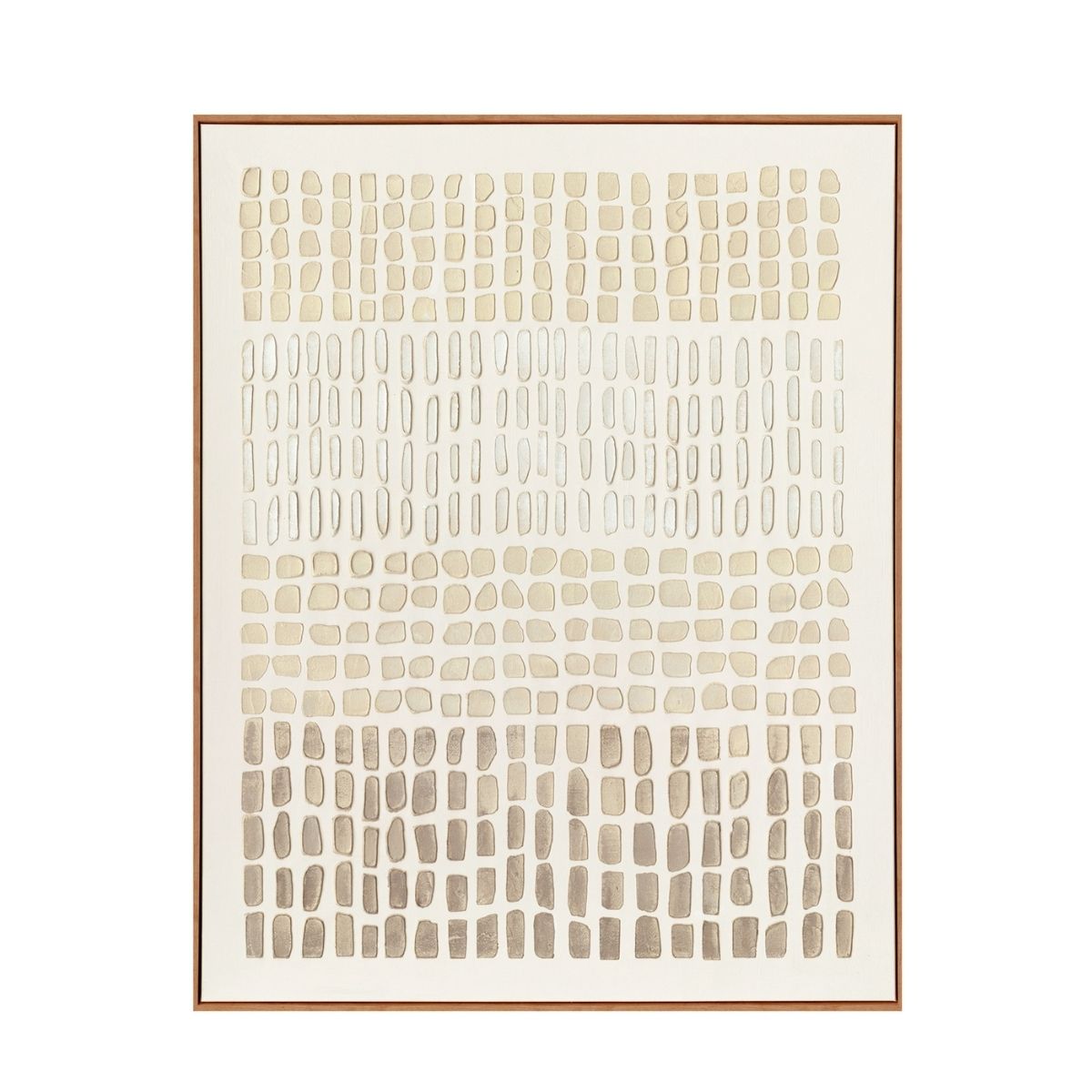 Cuadro abstracto en tonos beige y gris con formas geométricas y marco de madera