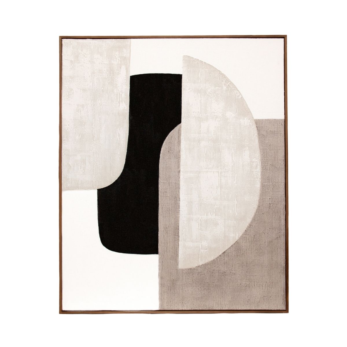 Cuadro abstracto con formas geométricas en tonos beige, blanco y negro con marco de madera