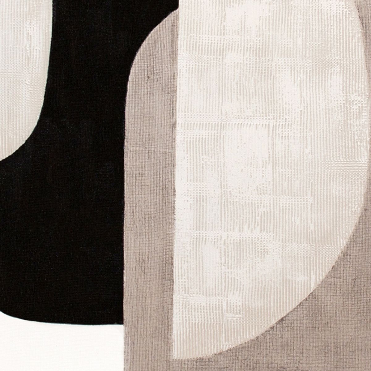 Detalle de cuadro abstracto con formas geométricas texturizadas en tonos beige, blanco y negro