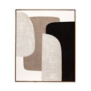 Cuadro abstracto con formas curvas en tonos beige, blanco y negro con marco de madera