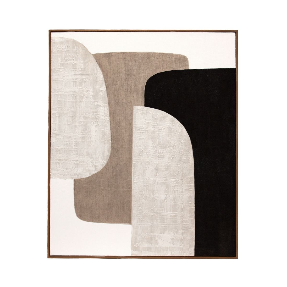 Cuadro abstracto con formas curvas en tonos beige, blanco y negro con marco de madera