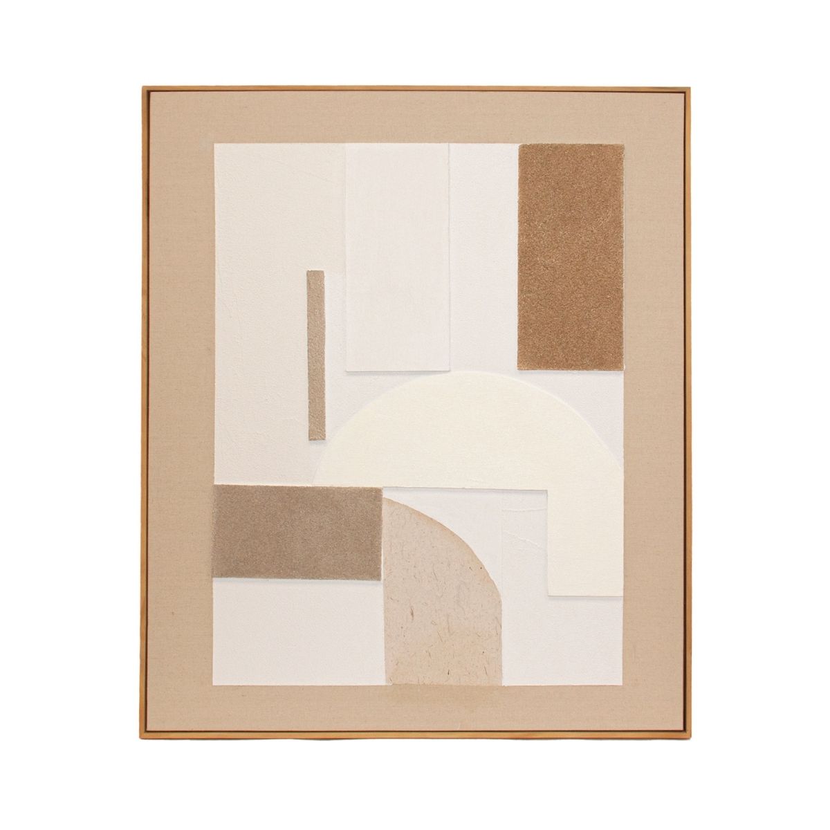 Cuadro abstracto con relieves geométricos en tonos beige y blanco con marco fino
