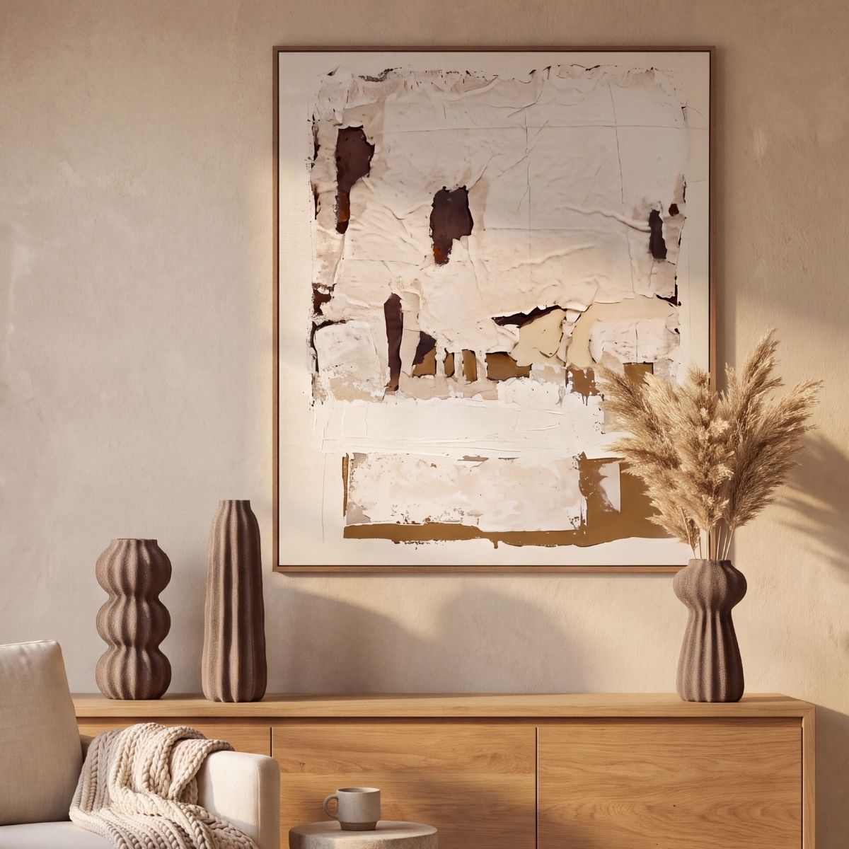 Salón de tonos neutros con aparador de madera decorado con tres jarrones marrones y un cuadro abstracto en la pared.