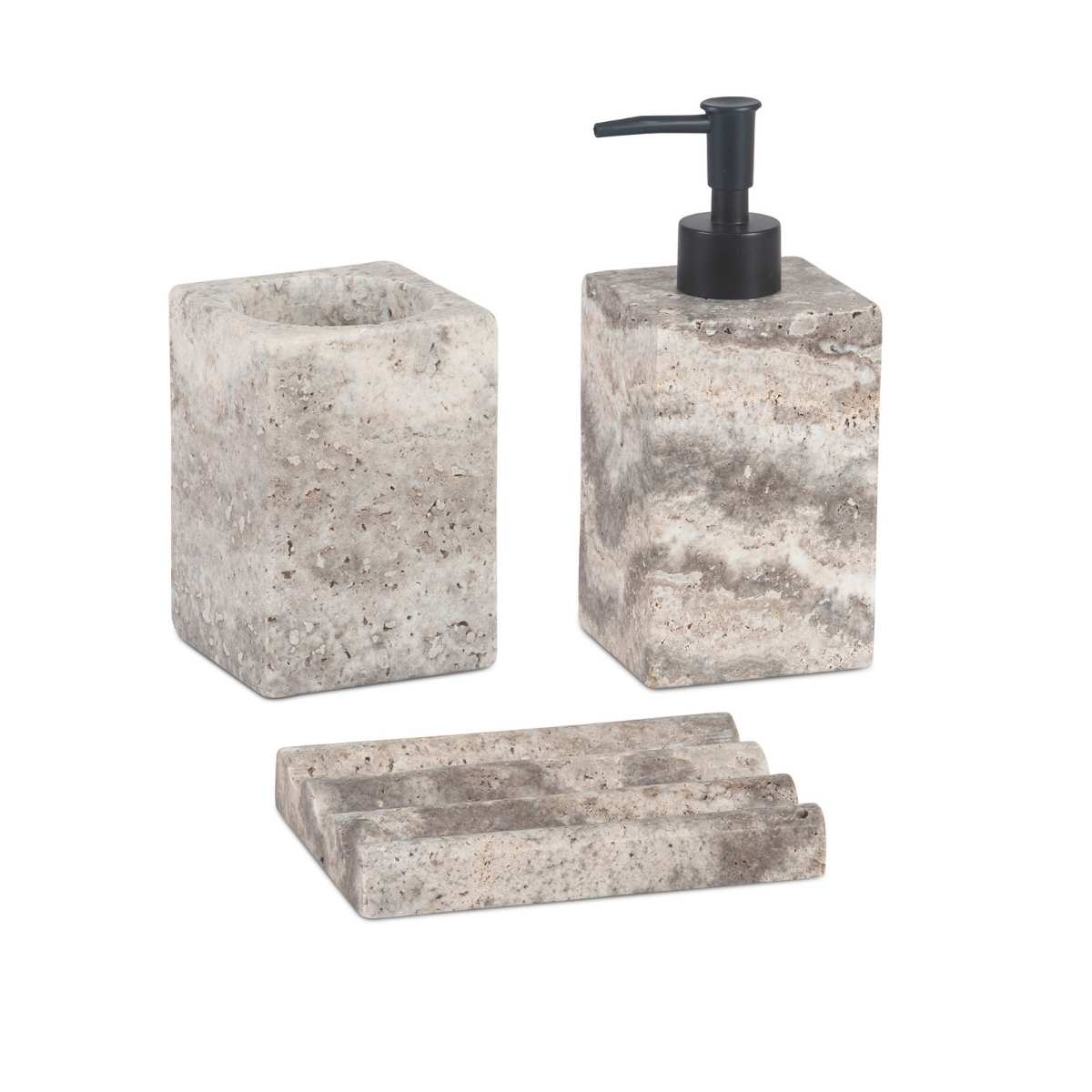 Jabonera, dispensador y portacepillos de baño de mármol gris