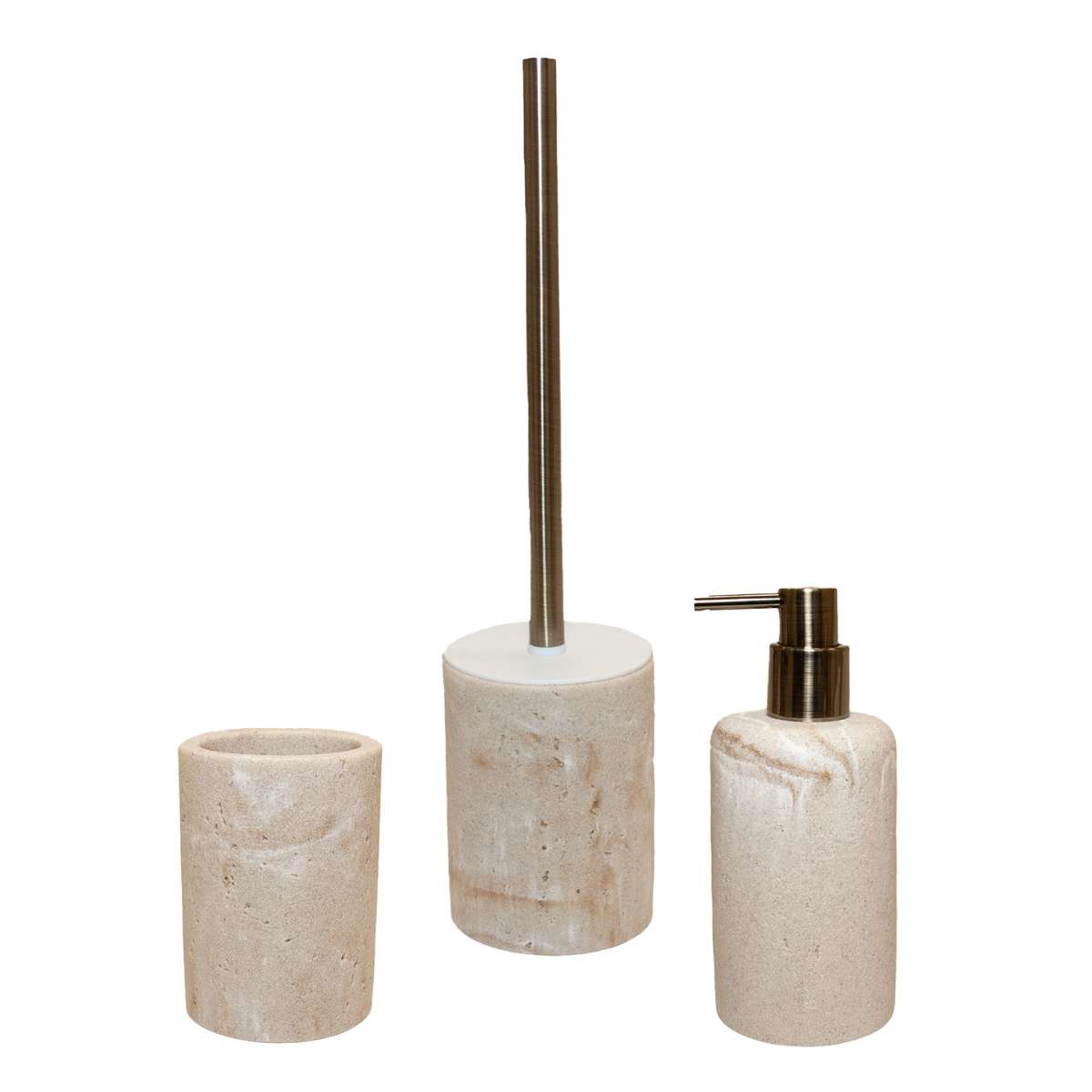 Detalle accesorios de baño beige acabado mármol
