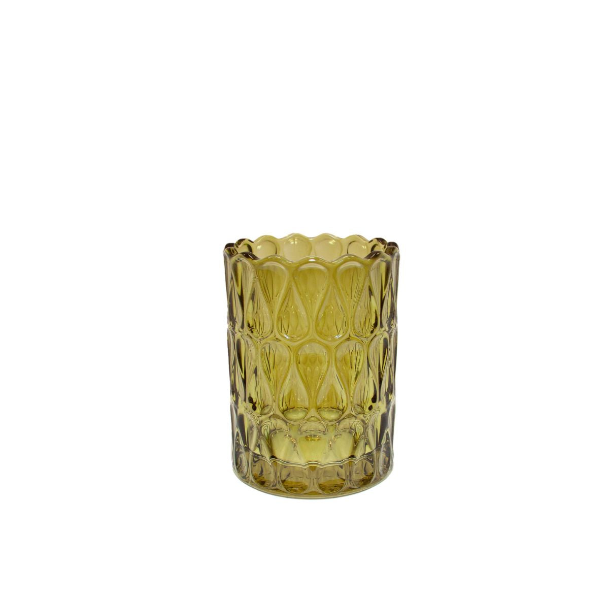Portacepillos de vidrio verde oliva con relieve geométrico colección Pear, Andrea House