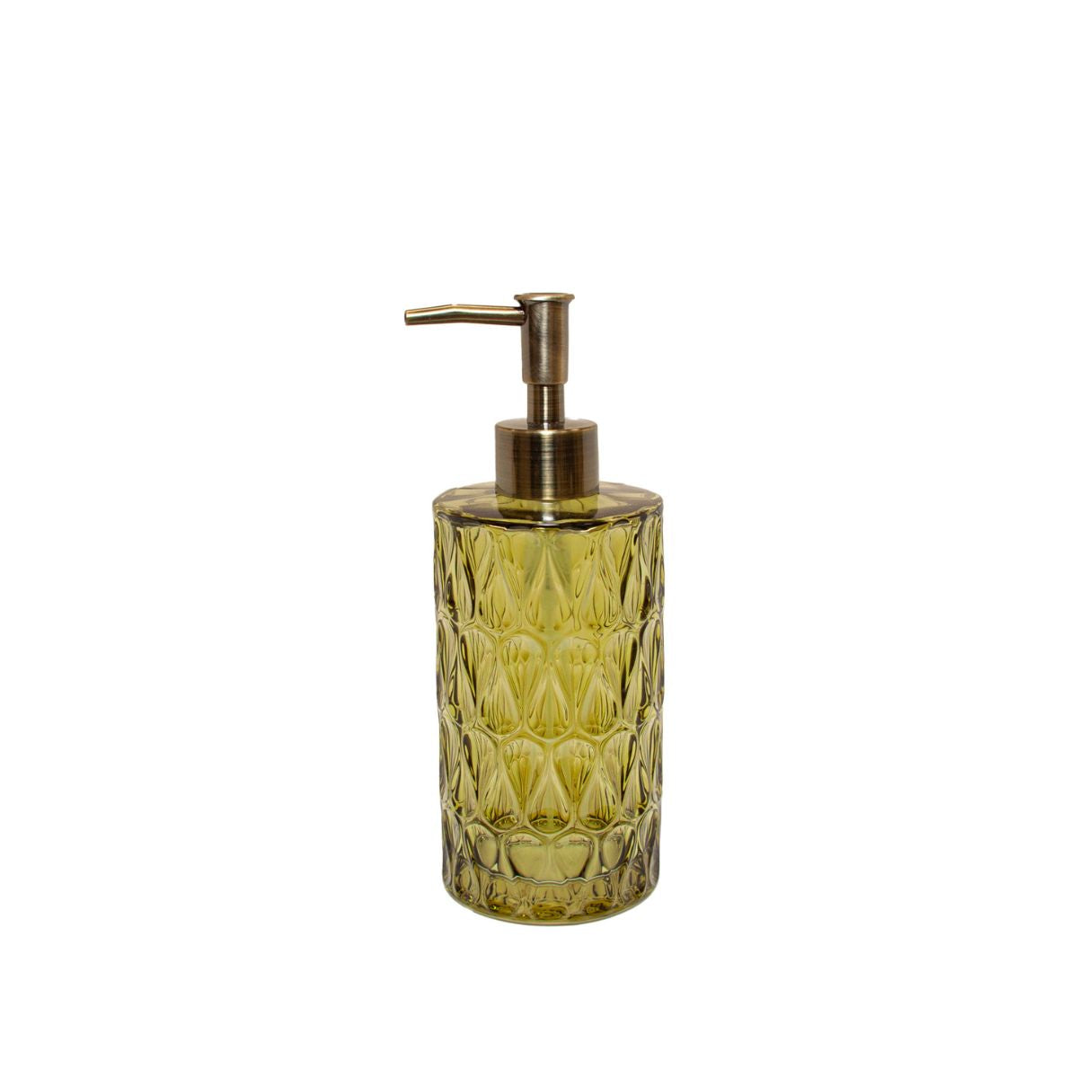 Dispensador de jabón de vidrio verde oliva Pear con relieve y dosificador bronce, Andrea House