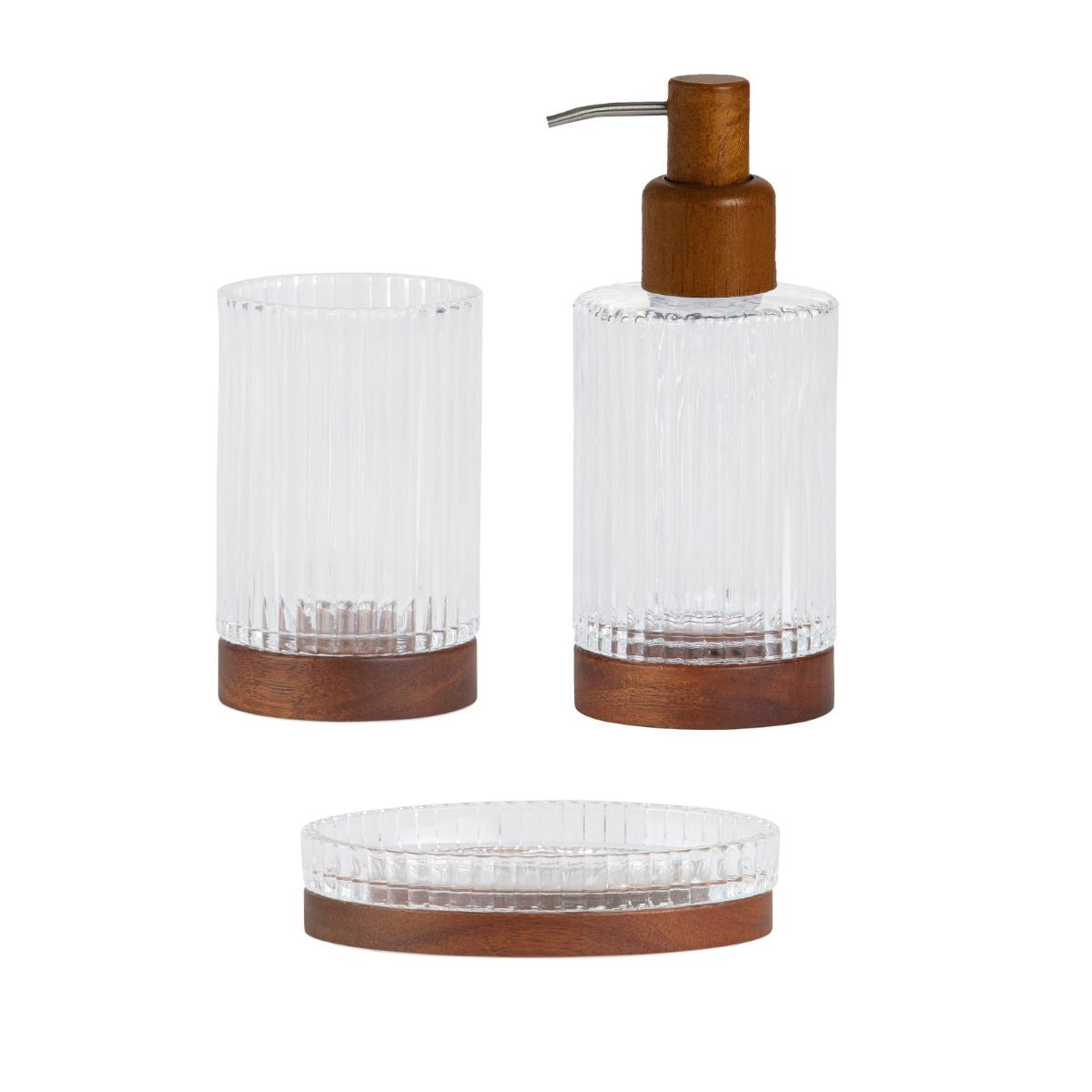 Dispensador de cristal transparente y acacia
