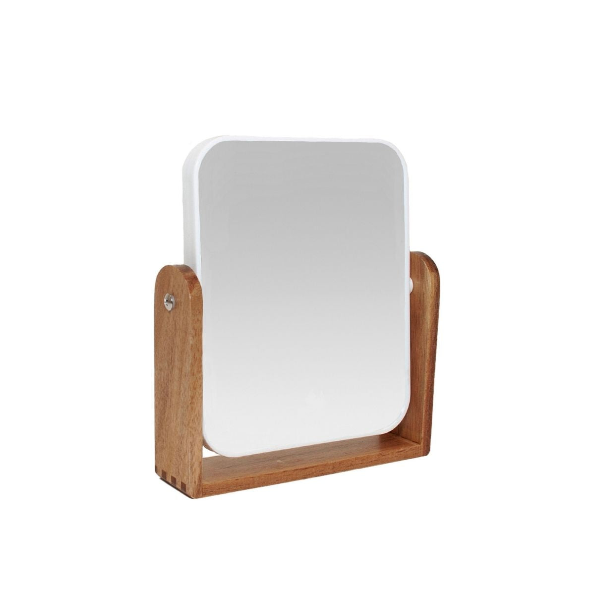 Espejo de sobremesa rectangular con esquinas redondeadas, marco blanco y soporte de madera, mostrado por la cara sin aumento.