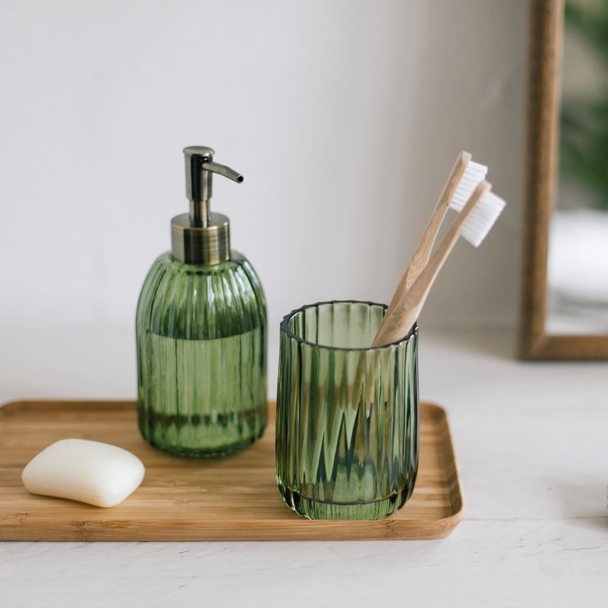 Portacepillos de baño verde de cristal estilo vintage