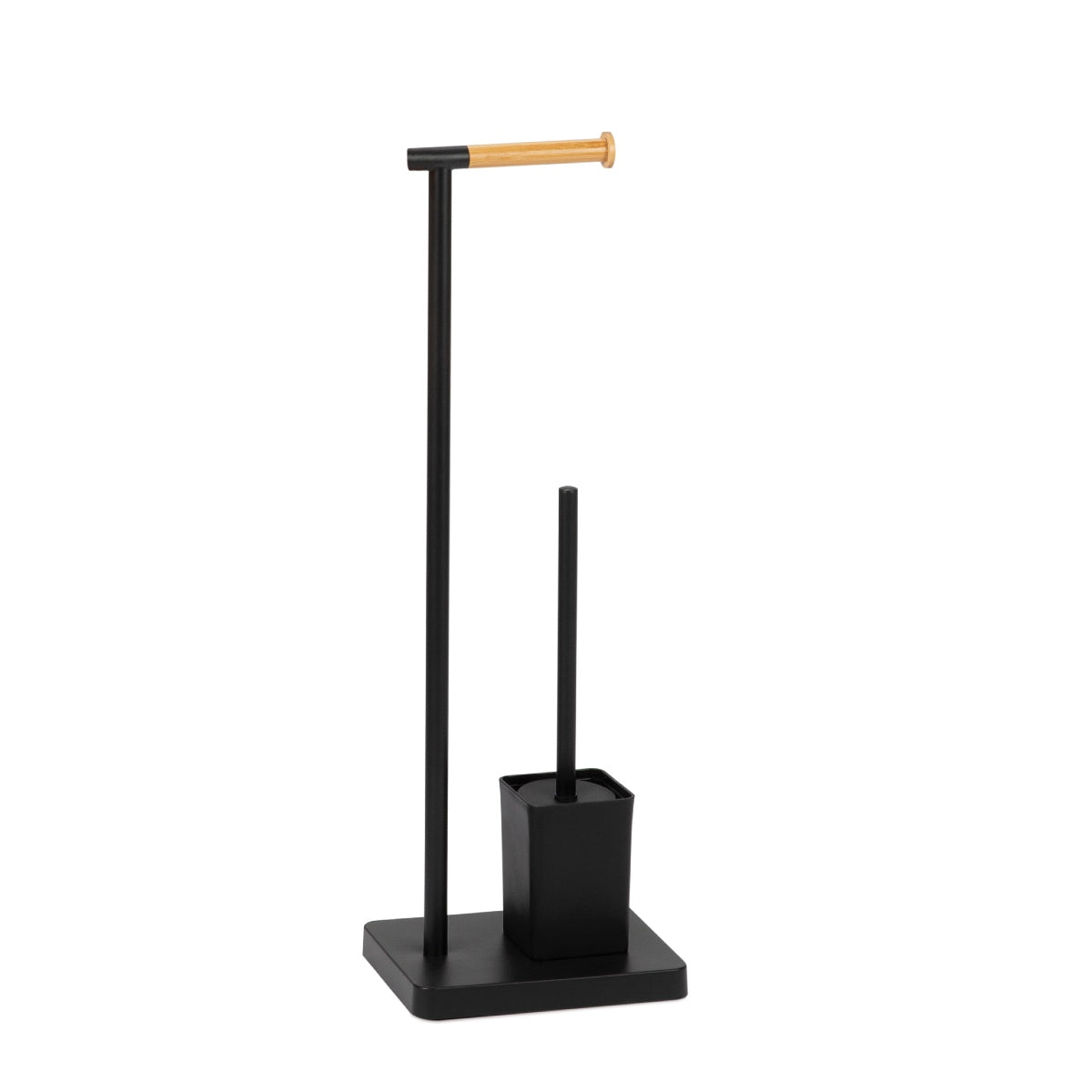 Portarrollo escobillero de baño de bambú y metal negro