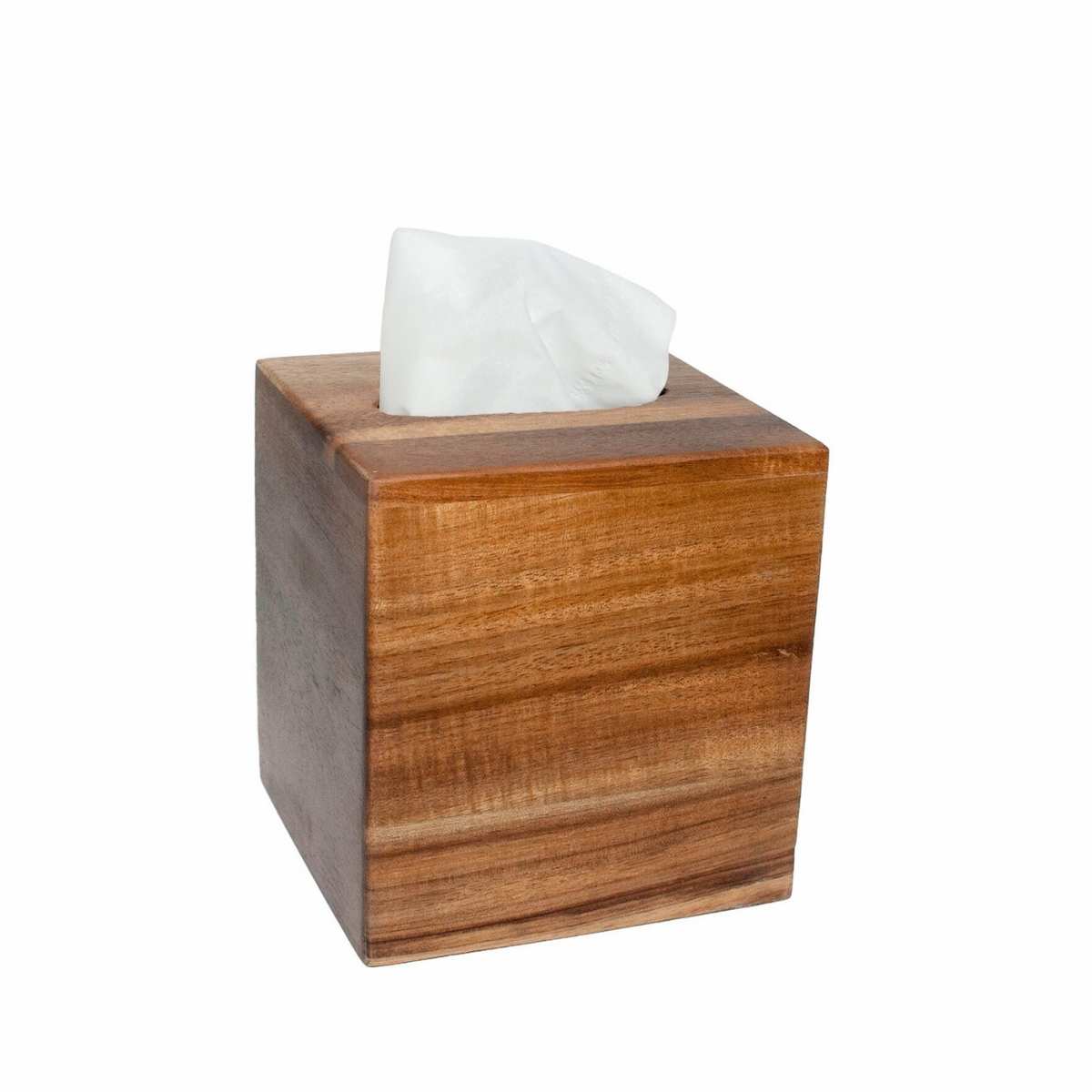 Detalle de caja de pañuelos cuadrada de madera natural