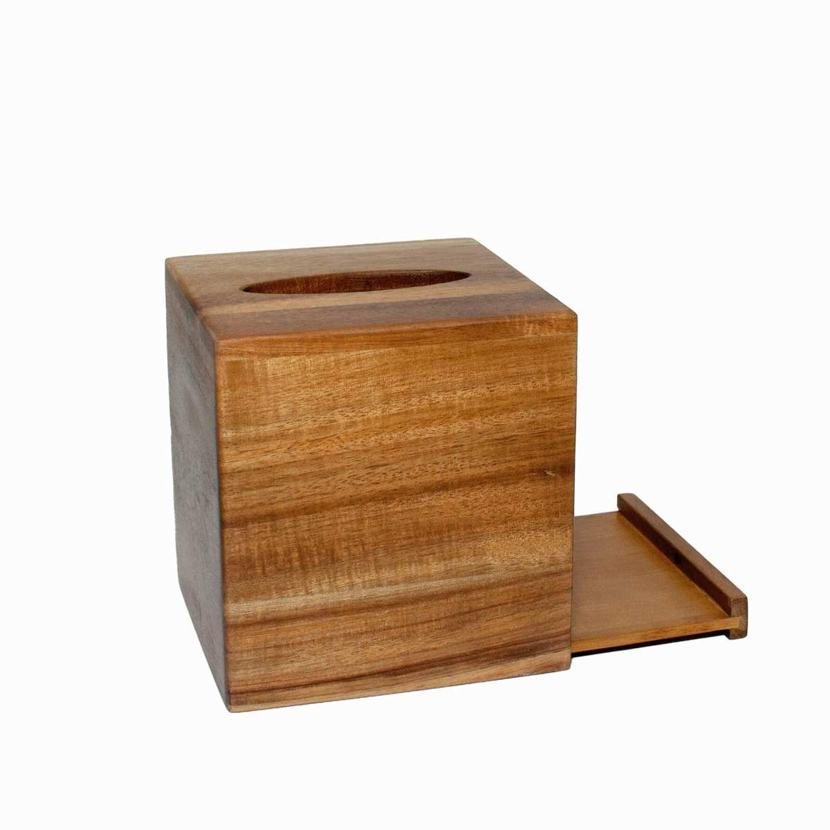 Detalle de caja de pañuelos cuadrada de madera de acacia