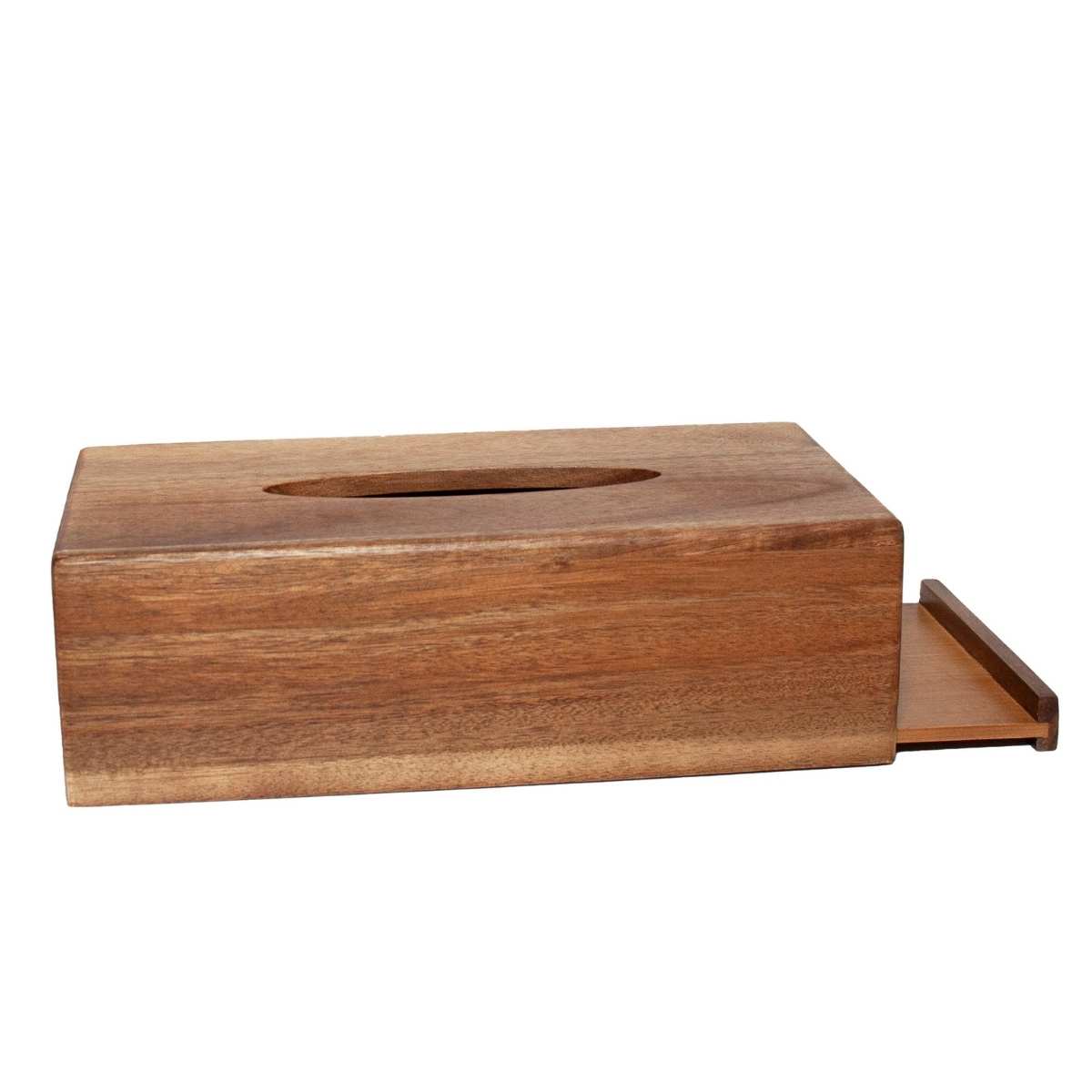 Detalle de caja de pañuelos de madera de acacia