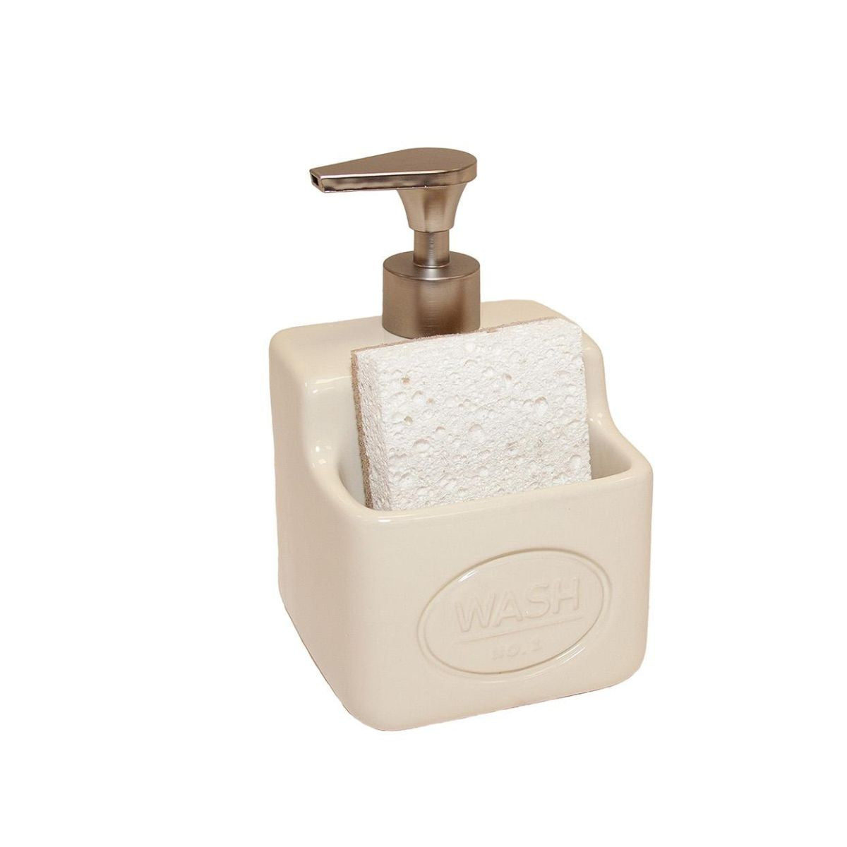 Dispensador de jabón cerámica crema Wash con soporte esponja integrado, Andrea House