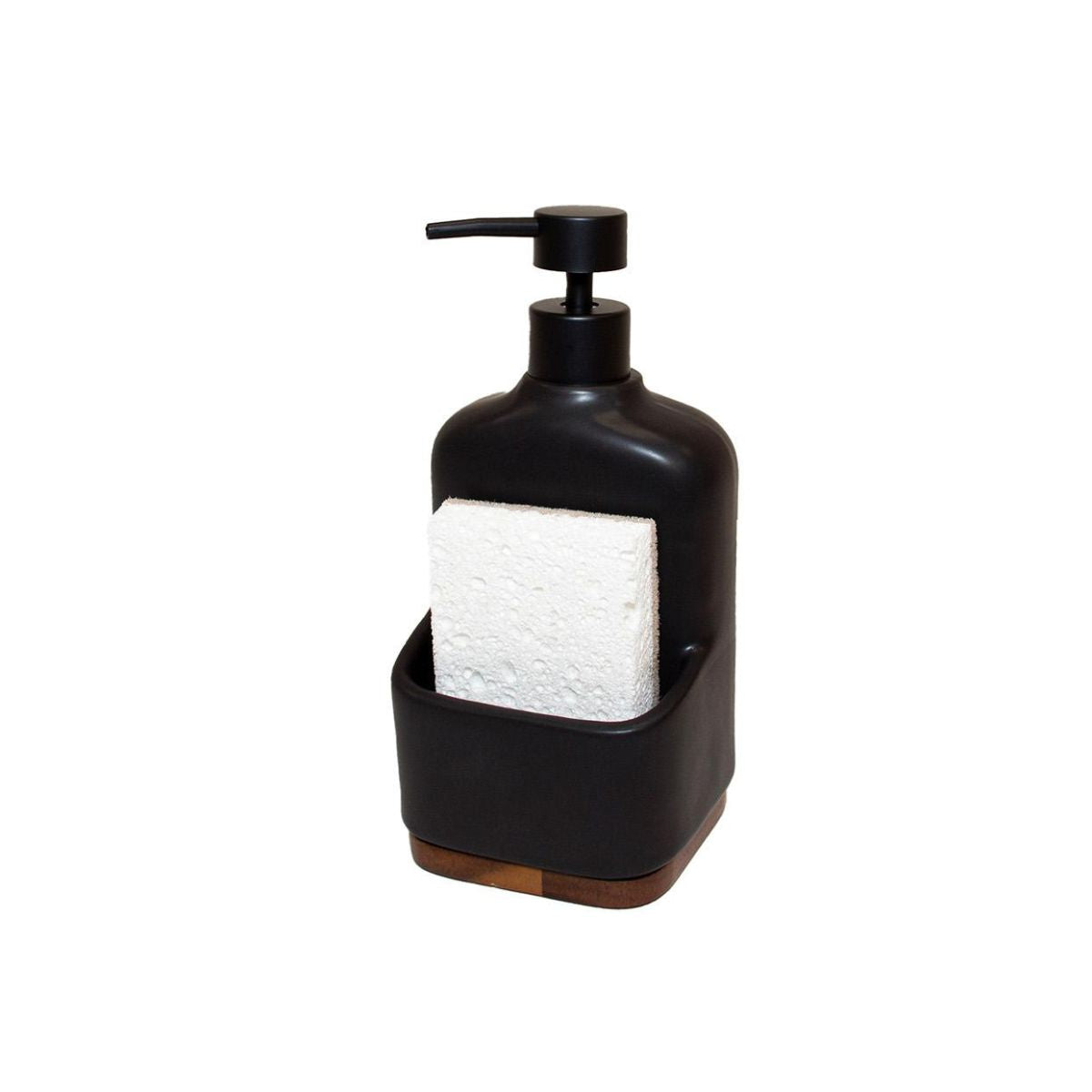 Dispensador de jabón de cerámica negra con soporte esponja y base de acacia, Andrea House
