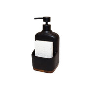 Dispensador de jabón de cerámica negra con soporte esponja y base de acacia, Andrea House