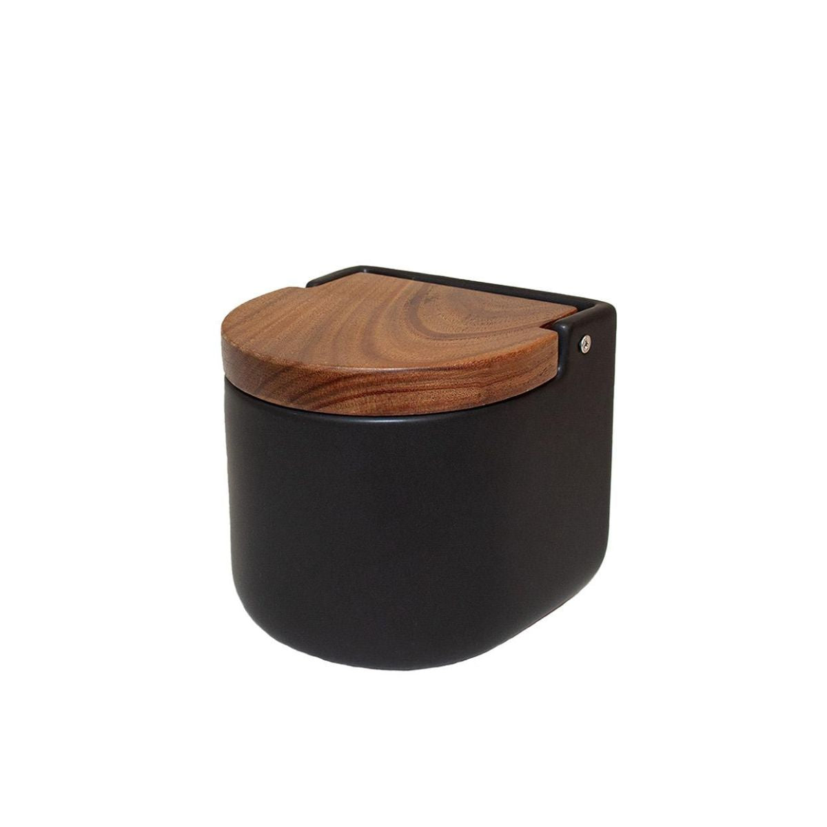 Salero de cerámica negra con tapa semicircular de madera de acacia, Andrea House