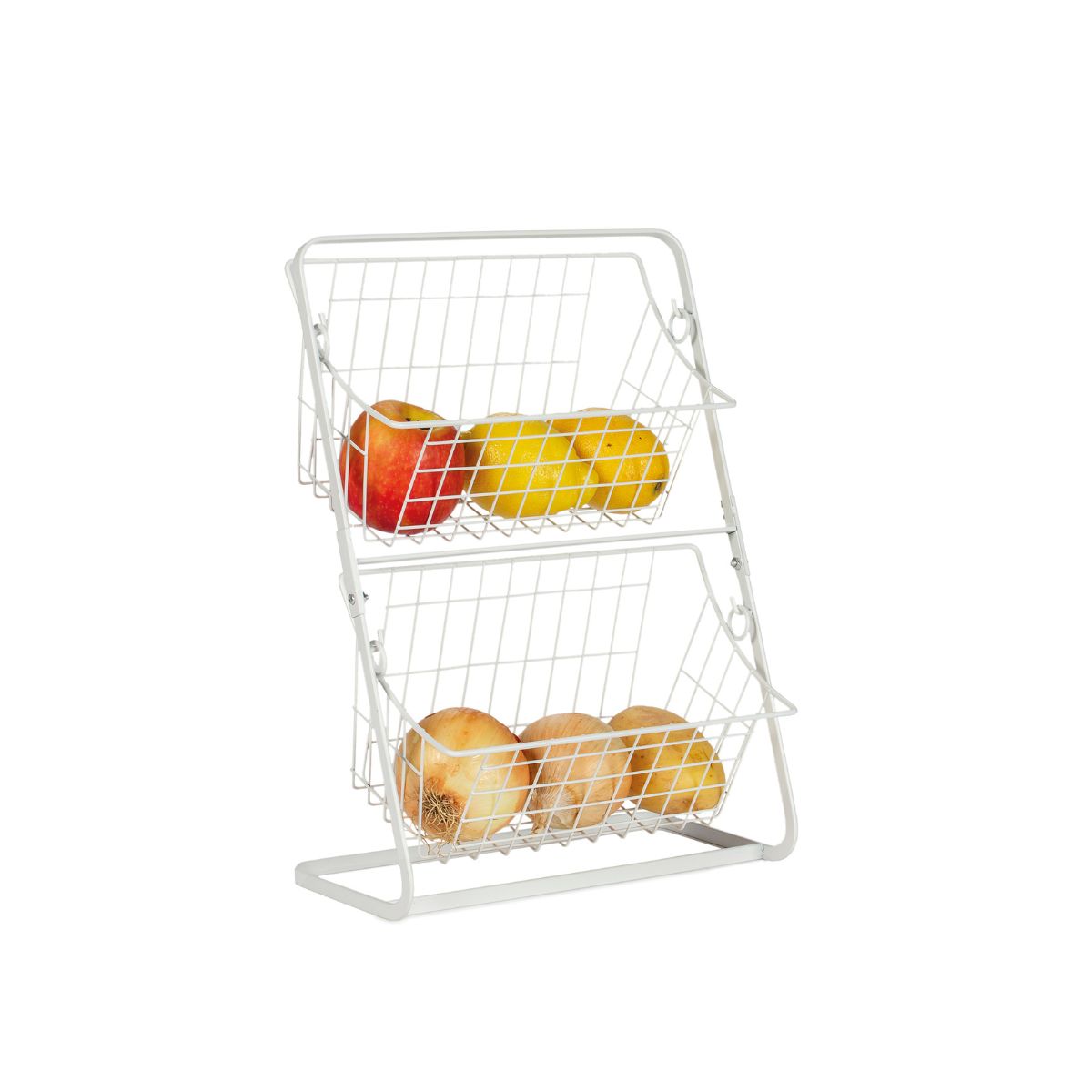 Organizador verdulero de metal blanco con verduras
